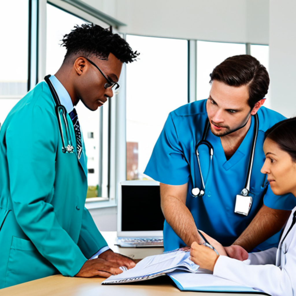 **Image Prompt:** A diverse team of healthcare professionals (psychiatrist, psychologist, social worker) in a brightly lit, modern office, consulting on patient files, fully clothed in professional attire, appropriate content, safe for work, perfect anatomy, natural proportions, professional setting, family-friendly.