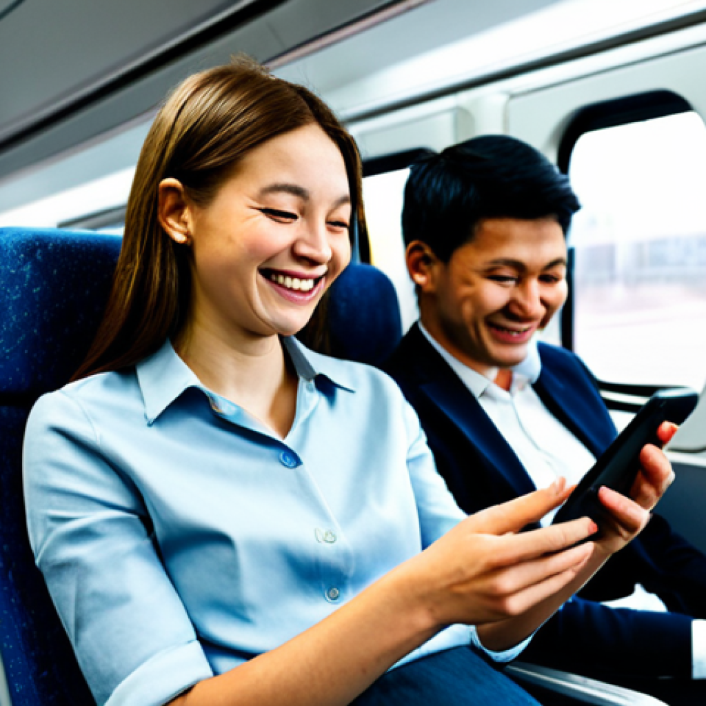 정신건강 분야의 최신 트렌드 - **Image Prompt:** A woman uses a mental health app on her smartphone while commuting on a train, sur...