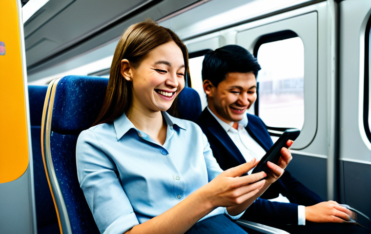 정신건강 분야의 최신 트렌드 - **Image Prompt:** A woman uses a mental health app on her smartphone while commuting on a train, sur...