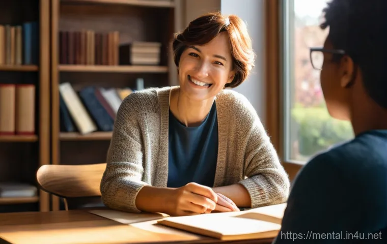 정신건강 전문가 업무 사례 연구 - A kind female professor in her early 40s, with short, neat hair and a comforting smile, is sitting a...