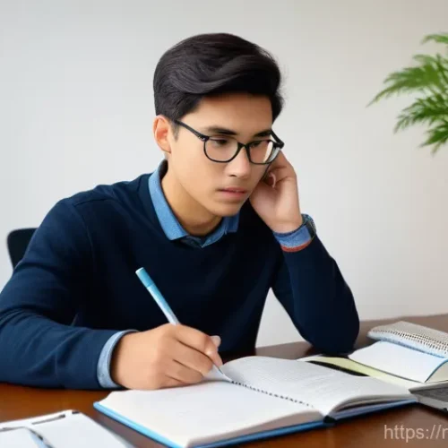 Home 14 정신건강 실기 시험 준비 팁 - A focused young adult, with neat, professional attire, diligently studying at a clean, organized des...