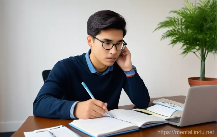 정신건강 실기 시험 준비 팁 - A focused young adult, with neat, professional attire, diligently studying at a clean, organized des...